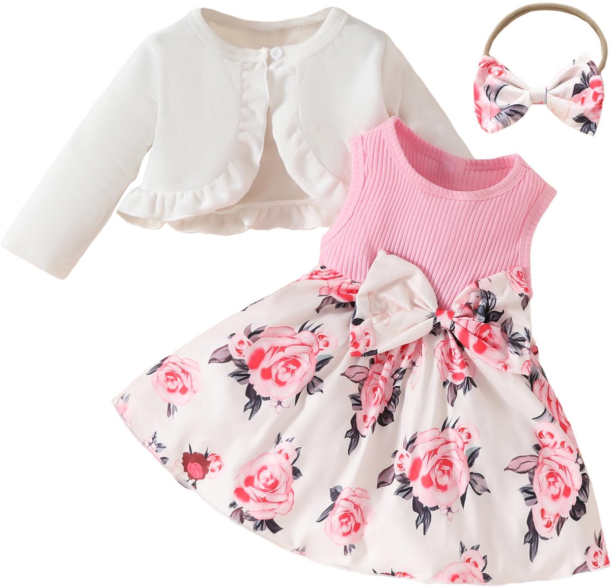 SnelShoppen - Baby Meisje Kleding Set 2 Stuks - Mouwloze Jurken en Lange Mouwen Jassen - Roze - Herfst Winter - Peuter 9-12 Maanden - Schattige Kledin