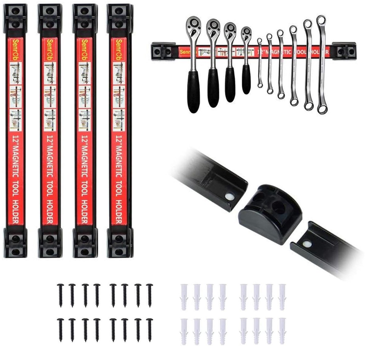 SnelShoppen - 4 Stuks 12 Inch Magnetische Tool Houder Bar - Metalen Magneet Opslag Tool Organizer Set met Montagebeugels & Schroeven voor Garage, Werk