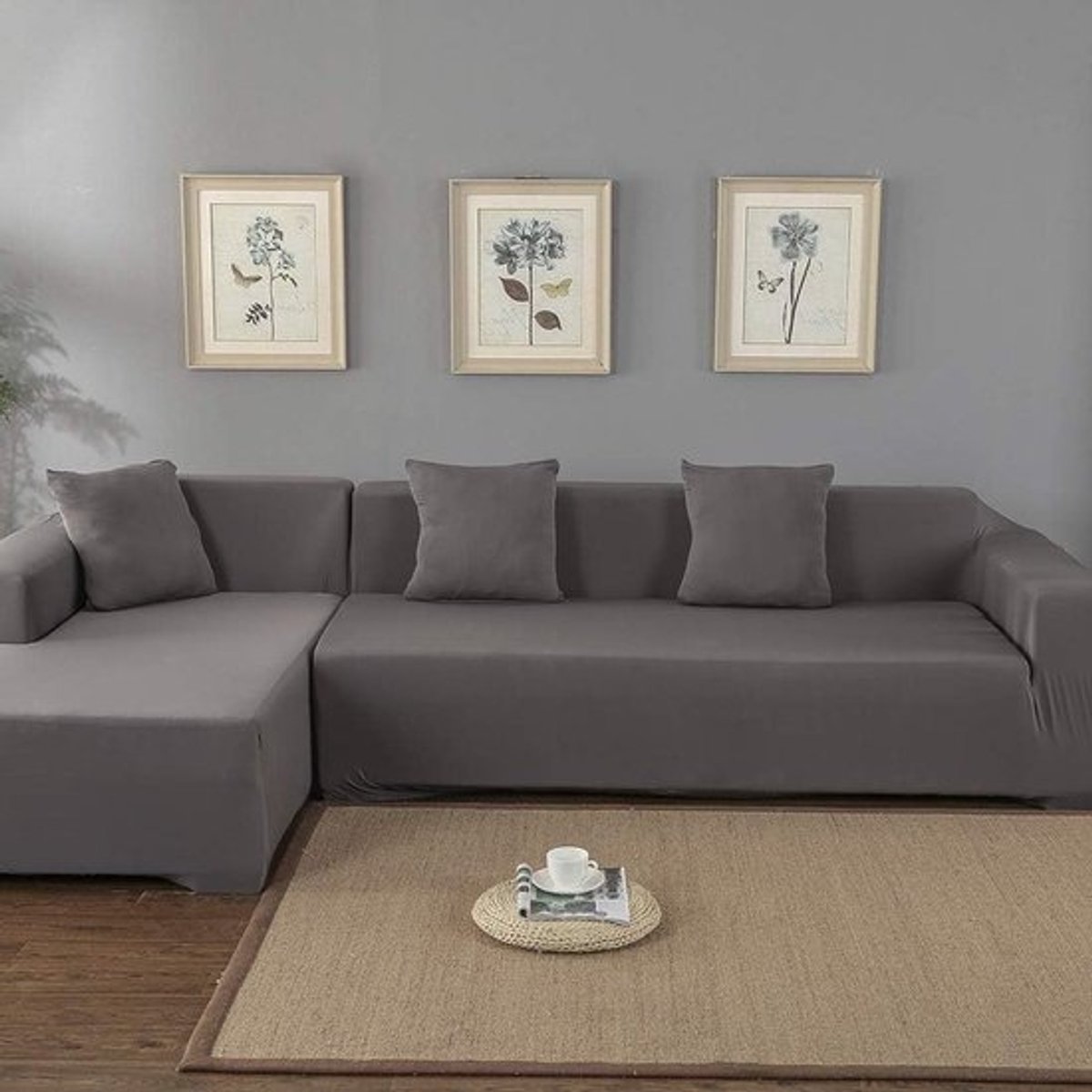 Elastische Hoekbankhoes voor 3+2 Zits Bank, Grijze Stretch Bankhoes, Bescherming en Stijl
