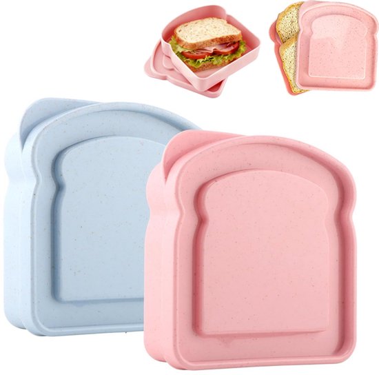 Deux boîtes à lunch en forme de pain, une rose et une bleu clair.