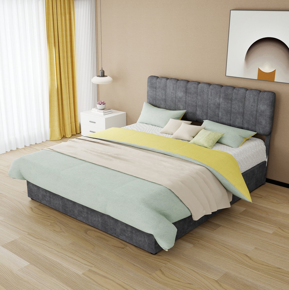 DESMIU Gestoffeerd Bed 160x200 cm – Tweepersoonsbed Met Gaslift En Opbergbasis – Lattenbodem – Voor Volwassenen – Stof Grijs – Zonder Matras