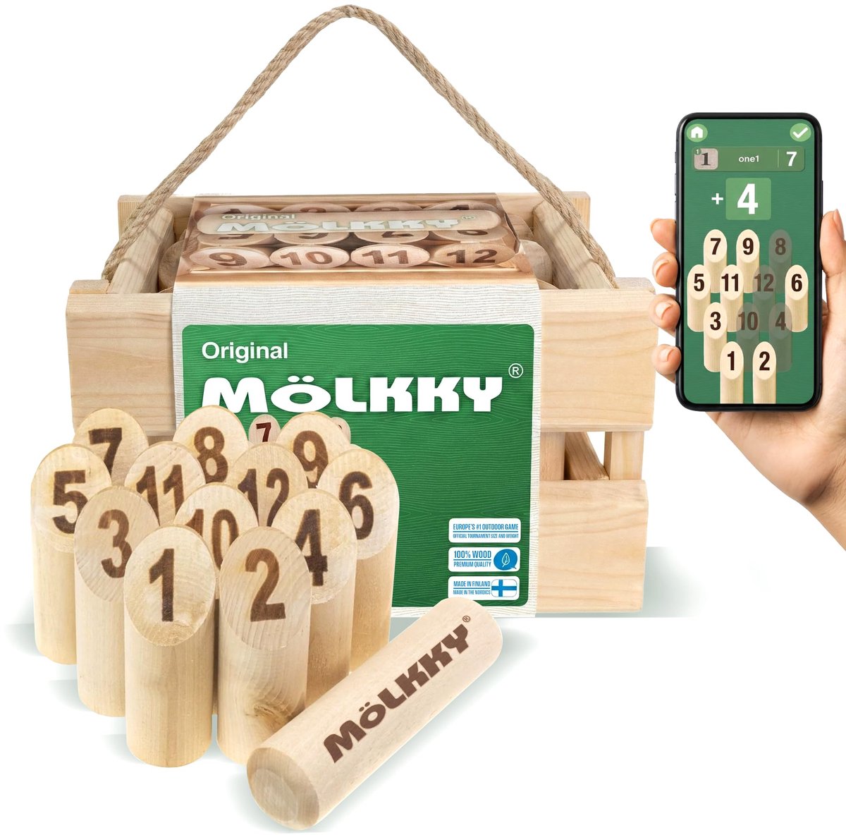 SnelShoppen - Mölkky Original Fins Werpspel voor Buiten - Berkenhout - 12 Kegels en 1 Stok - Perfect voor Feesten, Camping, Tuin en Kinderen