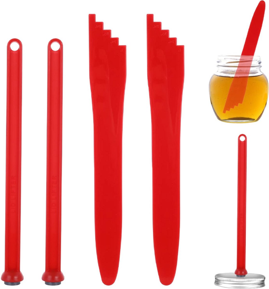 4-delige set - Jamborstel - Dekselverwijderaar - Inmaakgereedschap - Hittebestendige dekselhouder - Magnetische dekselclip - Maatliniaal - Inmaakbenodigdheden - Geschikt voor het maken en uit de pot halen van jam - Rood
