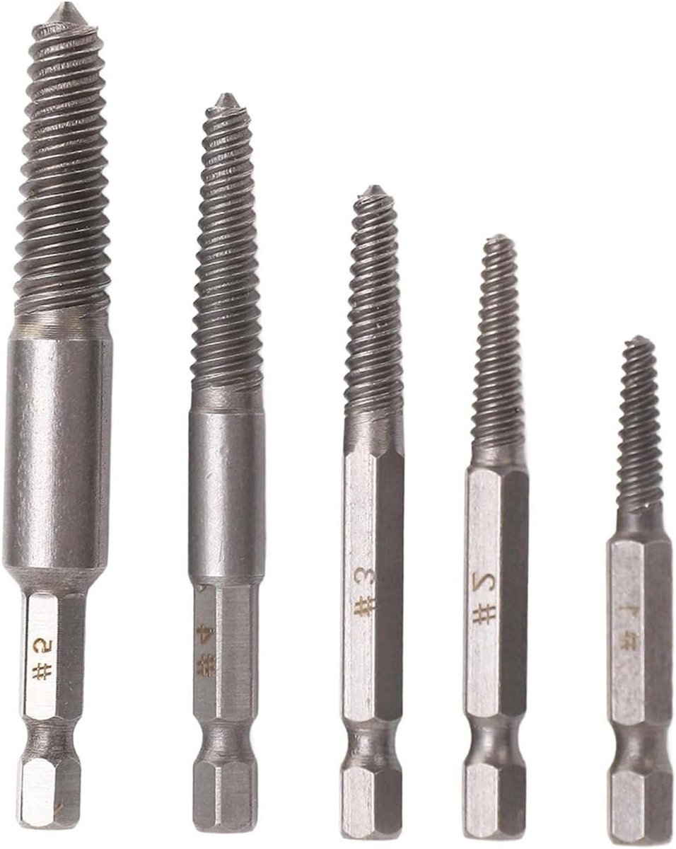 Screw Extractor Set van 5 Stuks voor het Verwijderen van Beschadigde Schroeven met Carbon Staal en Hex Shank, Inclusief Maten 3mm tot 7.5mm voor Efficiënt Gebruik