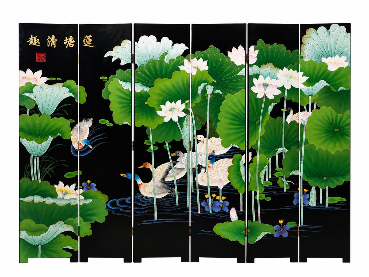 Fine Asianliving Chinees Kamerscherm Handgeschilderd Pond met Eenden 6 Panelen B240xH182cm