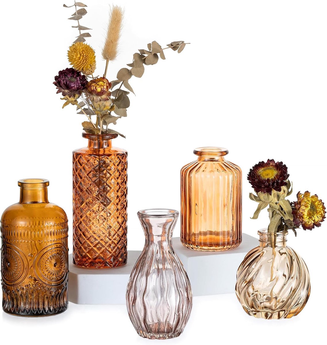 SnelShoppen - Set van 5 Kleine Amberkleurige Glazen Vazen voor Tafeldecoratie, Vintage Mini Vazen voor Herfstdecoratie Binnen, Ideaal voor Bloemen en