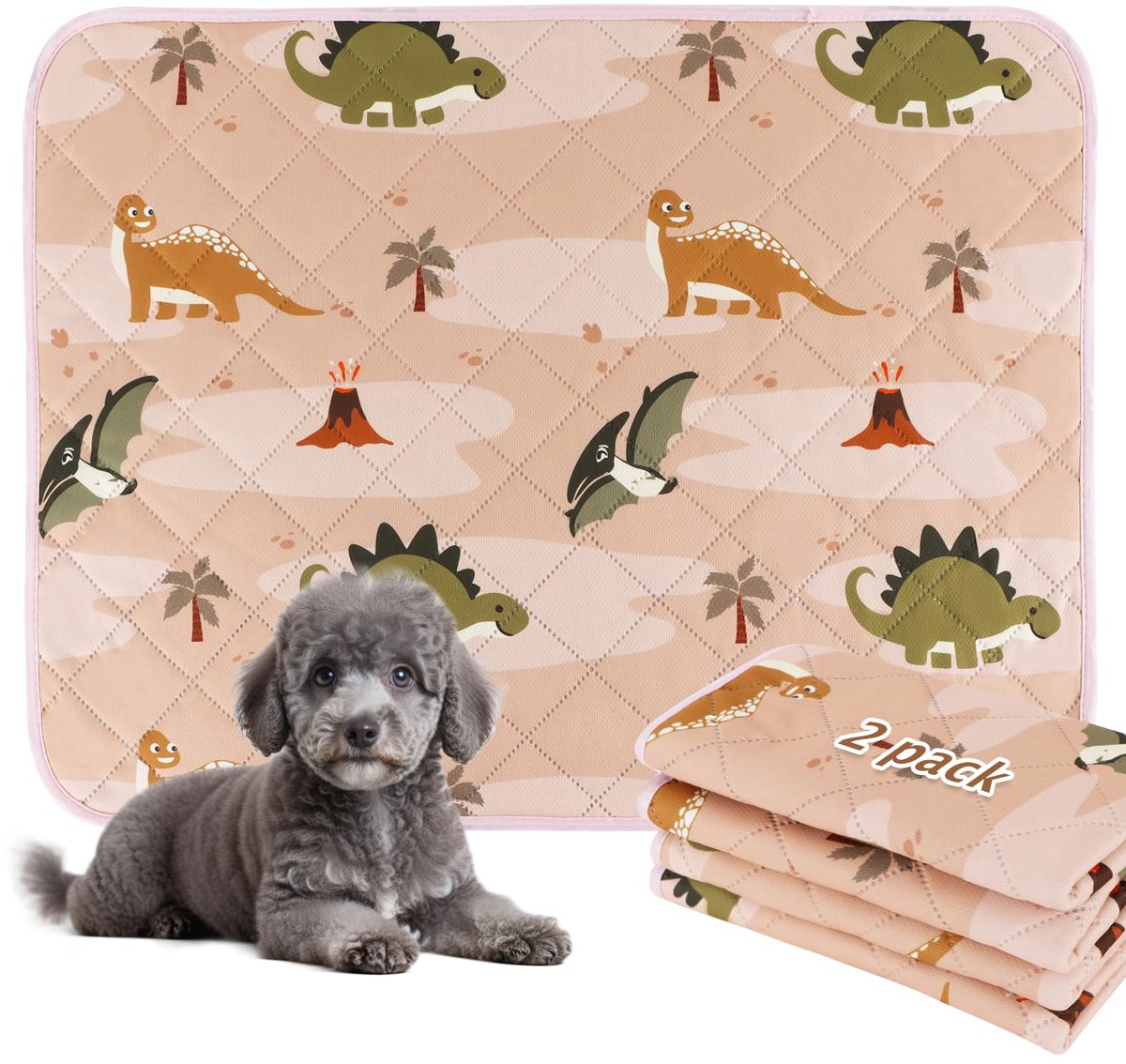 SnelShoppen - Urinemat voor huisdieren, 2 stuks, herbruikbare puppyonderleggers, super absorberend, hygiëneonderlegger, 60 x 60 cm, roze dinosaurus vo