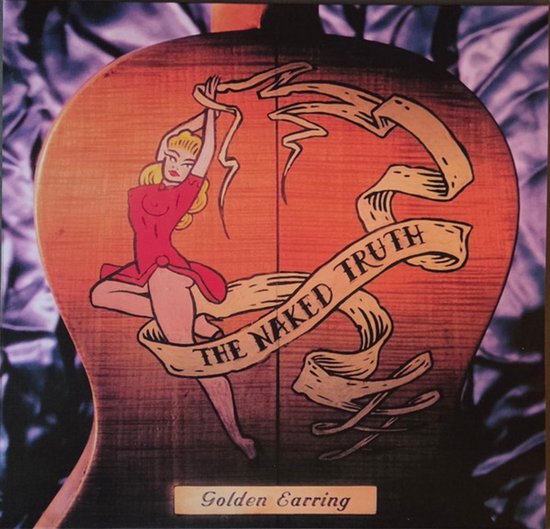 Gitaartop met illustratie van een vrouw met een spandoek met 'The Naked Truth' en 'Golden Earring'.