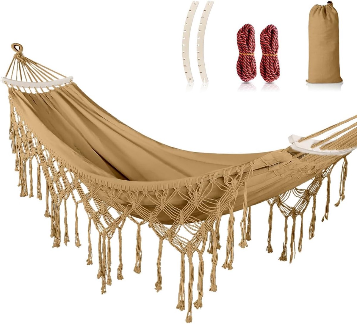 Hammock met Franje van Duurzaam Katoen in Bohemian Stijl met Dikke Touwen en Draagtas voor Buiten, Tuin en Patio
