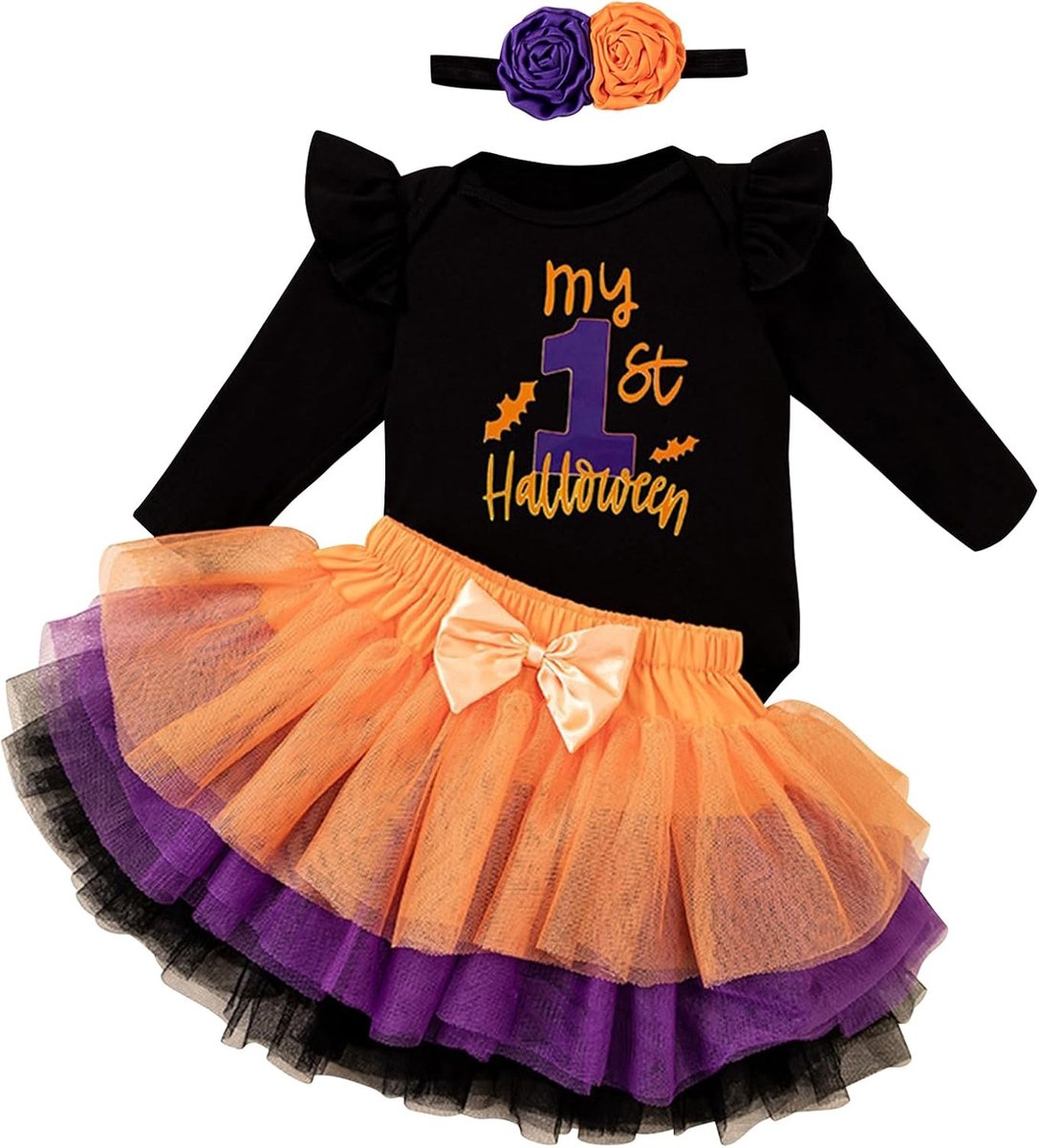 Schattige Halloween Outfit voor Baby Meisjes met Romper, Tutu Rok en Strik Haarband - Perfect voor Feestdagen en Fotoshoots