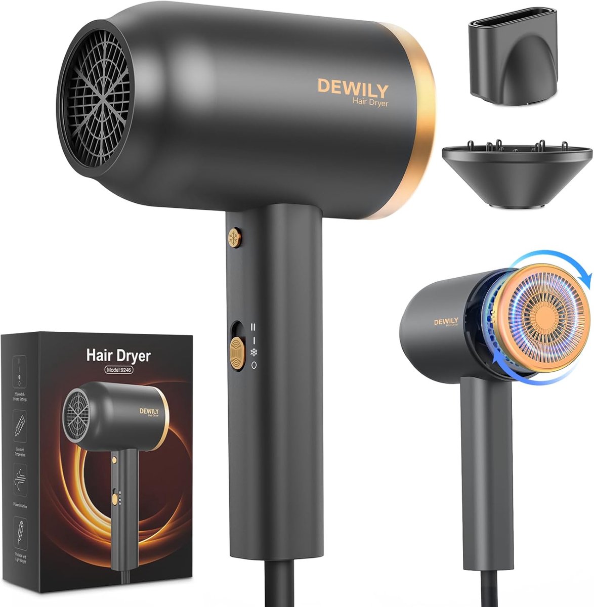 SnelShoppen - Ionen-föhn met diffuser 1800 W, koud/warme knop, sneldrogende haardroger, 3 temperaturen, 7 snelheden, krulföhn in zwart en goud