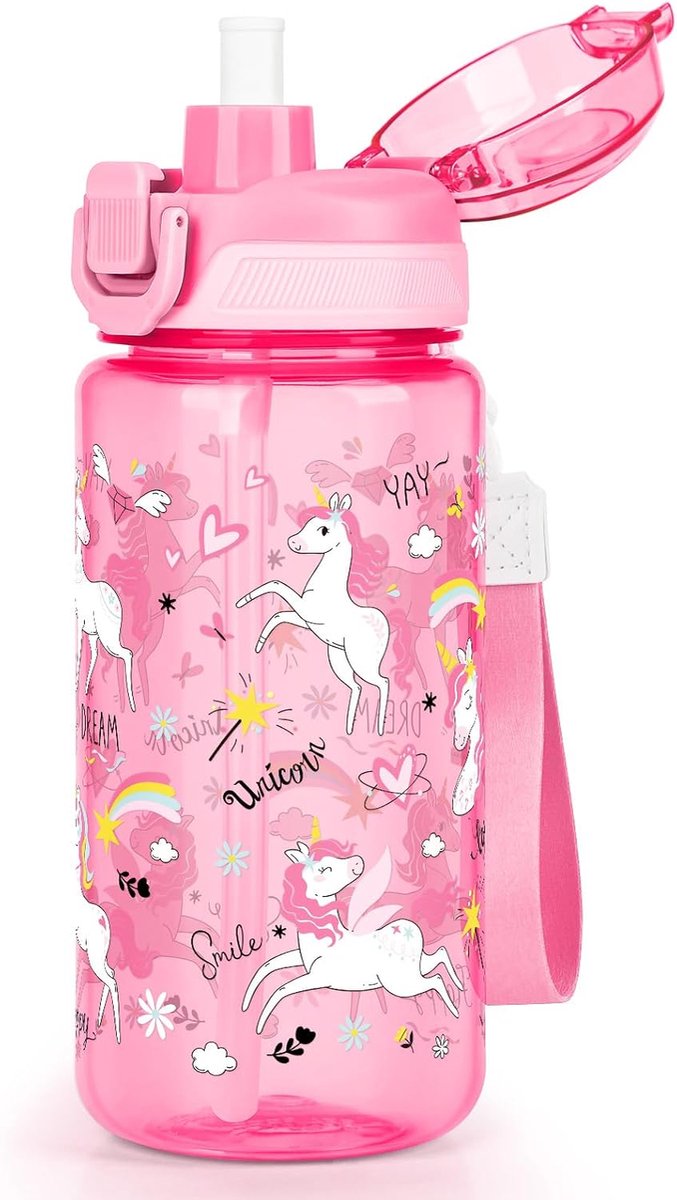 SnelShoppen - Drinkfles Kinderen 600 ml, Lekvrij, BPA-vrij, Eenhoorn Design, Perfect voor Kinderen vanaf 4 Jaar, Sportfles voor School, Camping en Bui