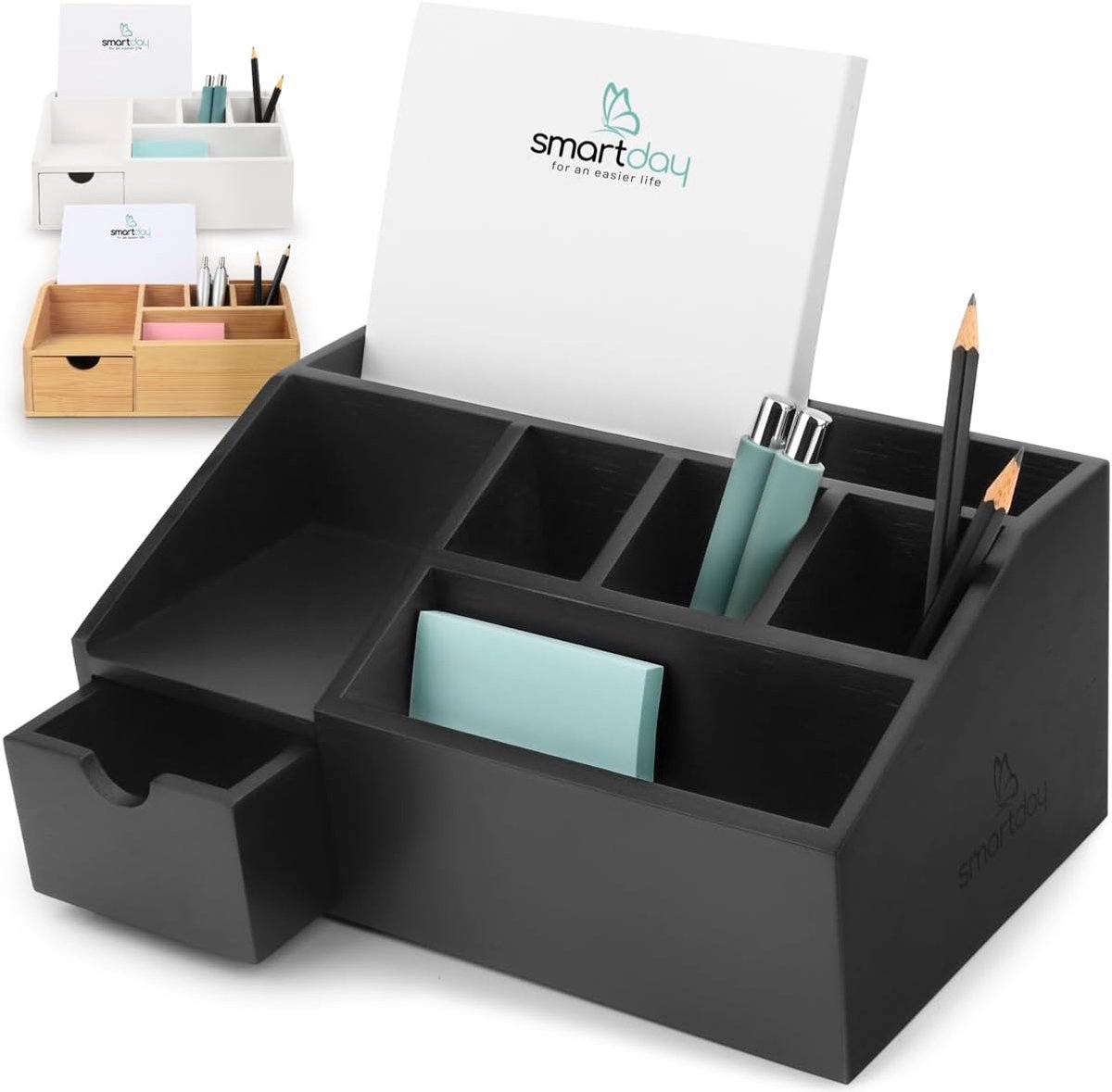 SnelShoppen - Bureau-organizer van bamboehout met lade, zwart opbergsysteem voor kantoor, pennenhouder, bureau-organizer, pennenbox, penhouder, organi