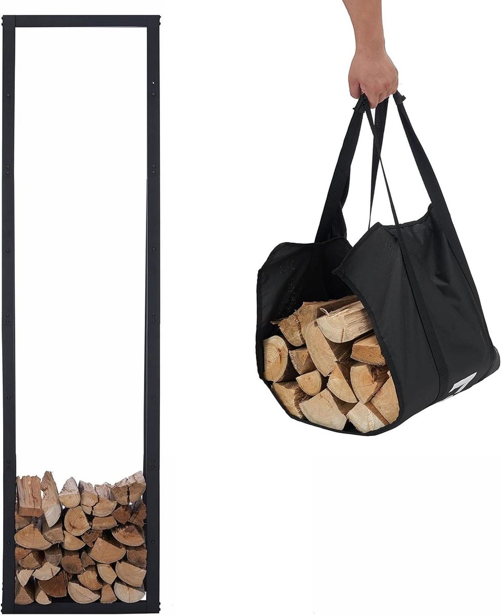 Houthaard Rek - Hout Opslag - Binnen Buiten - Inclusief Draagtas - 50x25x196cm - Zwart