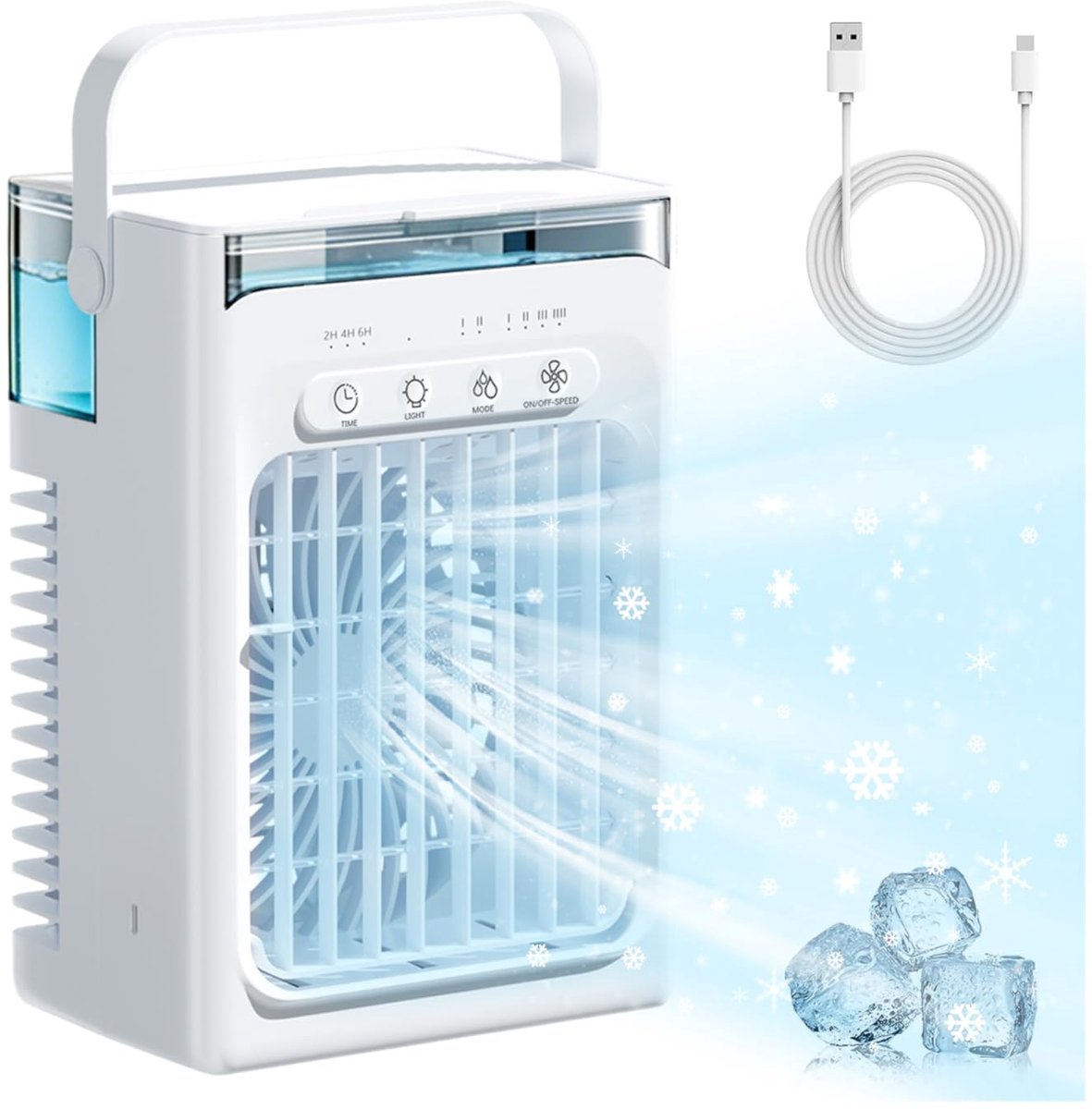 SnelShoppen - Mini Airconditioner 4 in 1 Mobiele Airco Klein - Ventilator, Luchtbevochtiger met 2 Traps Bevochtiging, 1000 ml Tank - Draagbare Luchtko