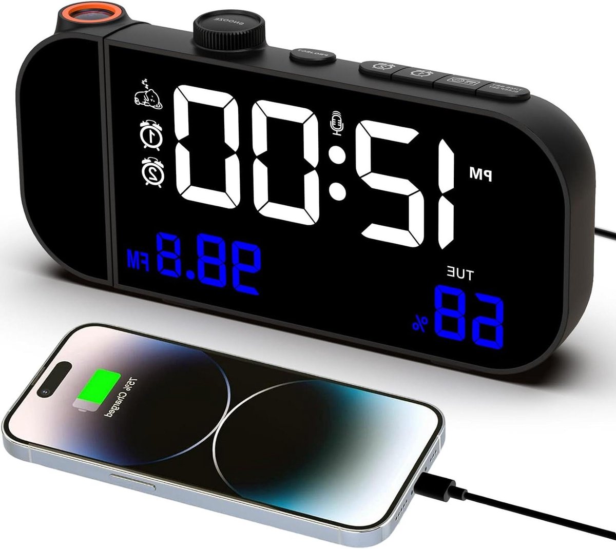 Projectiewekker Digitaal - Wekker Radio - Tijd Weergeven - Dubbel Alarm Instelbaar - 15 Inch Display - Zwart