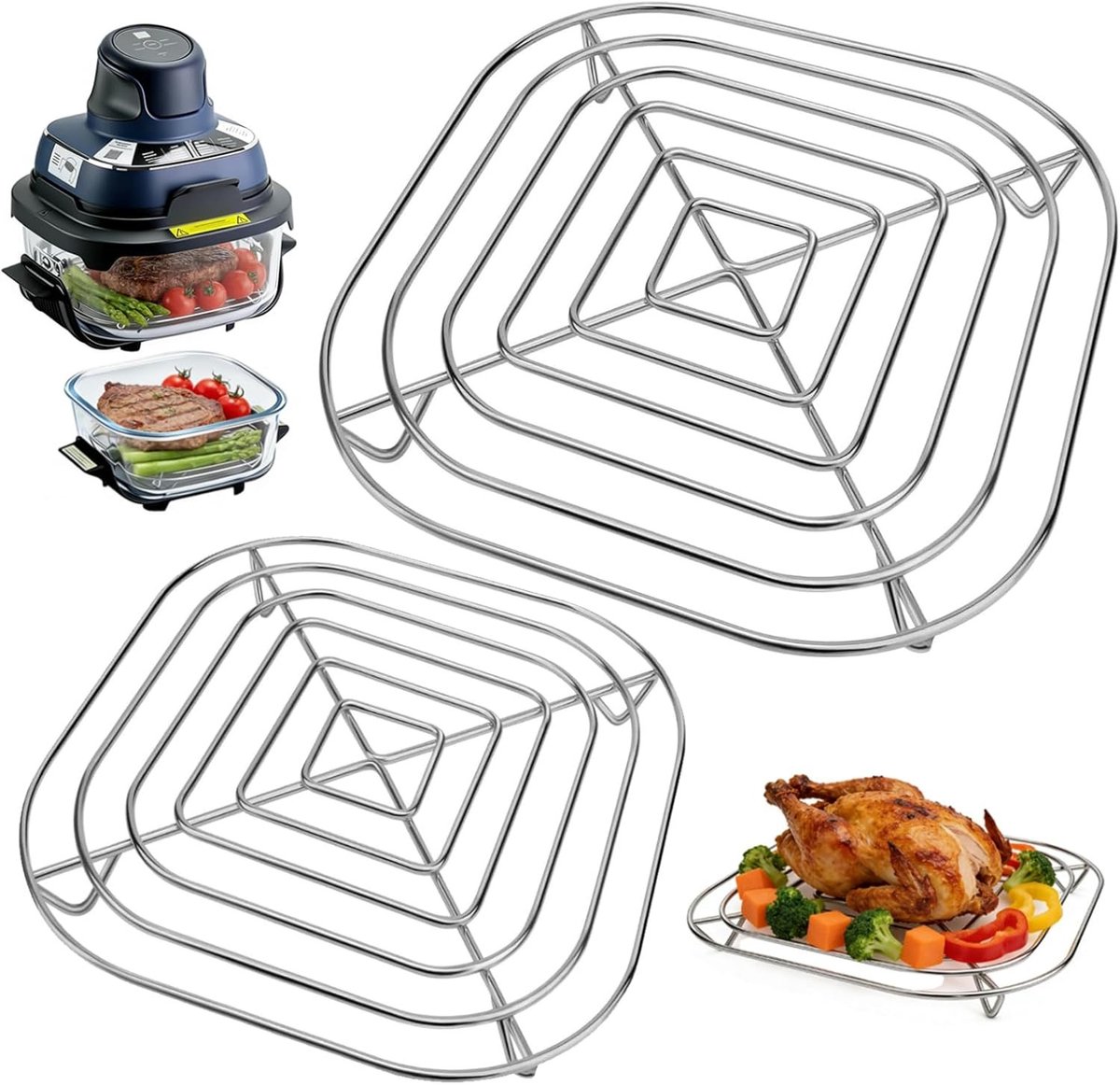 RVS Grill Racks voor Air Fryer, 2 Stuks, Geschikt voor 3.8L en 1.4L Glazen Containers, Accessoires voor Gezond Koken met Airfryer