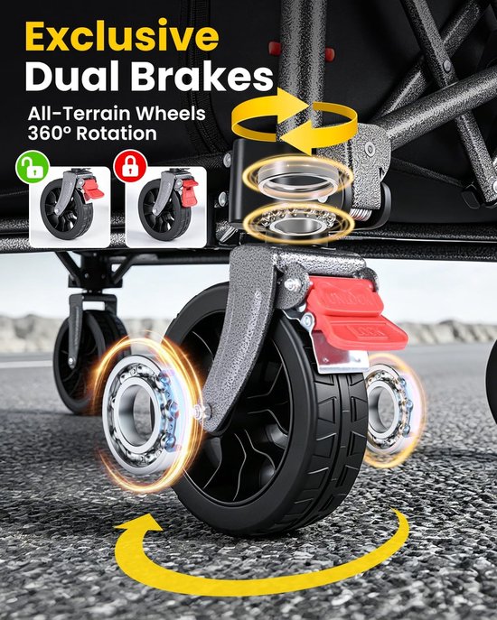Vouwbare Handkar - Strandkar Tuinwagen - Spullen Vervoeren - Extra Brede Banden - 100 kg Capaciteit - Zwart — afbeelding 5