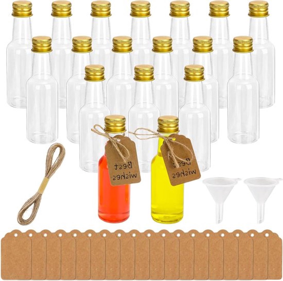 18 stuks Mini-flesjes 50 ml - Kunststof Likeurflessen - Inclusief trechters, etiketten en hennepkoord - Borrelflessen voor bruiloften en feesten