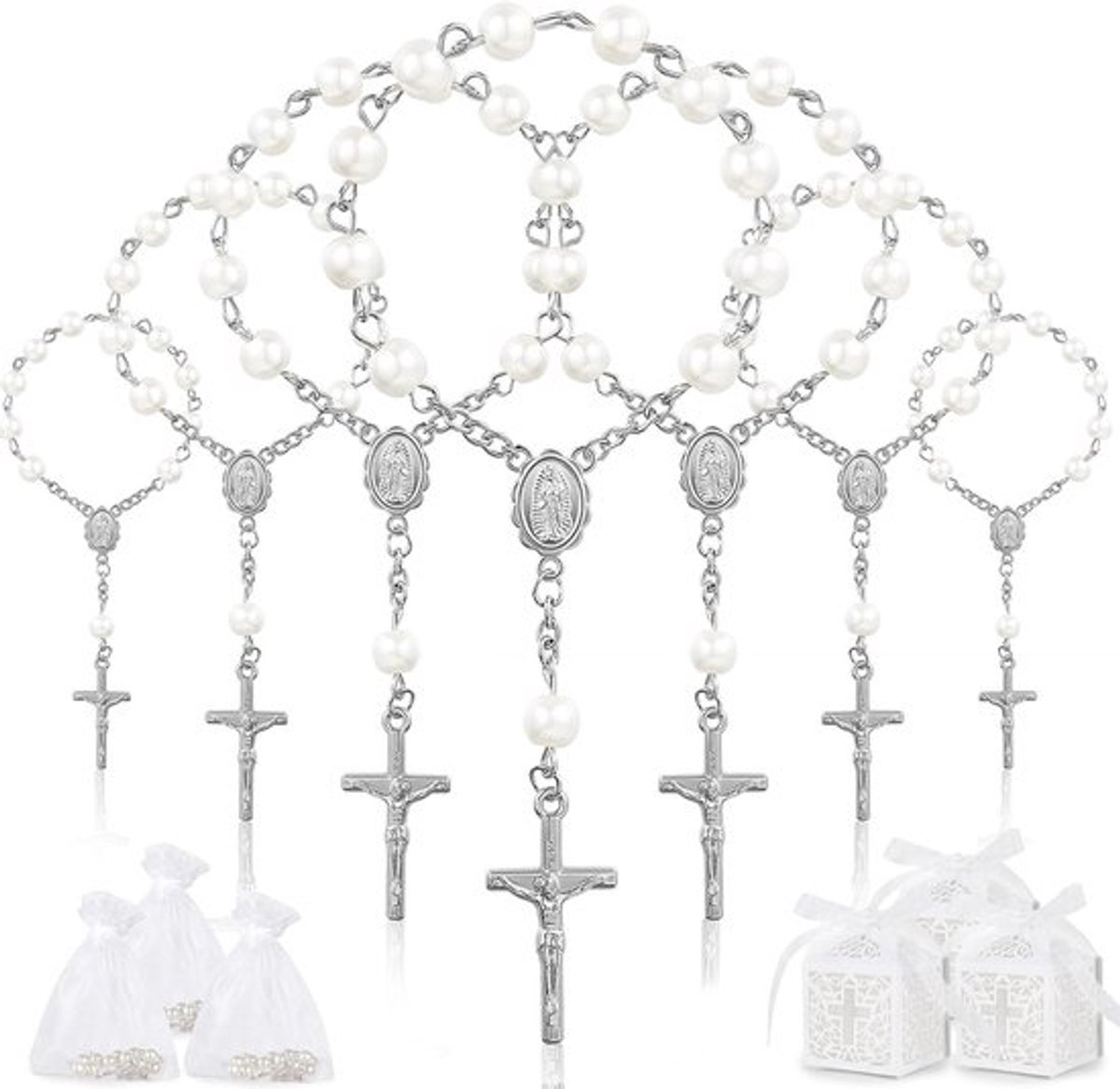 50 mini rozenkransen - gasten geschenken - doop - communie - kinderen - 50 geschenkdozen - 50 zakjes - draaddecoratie - huwelijk - zilver