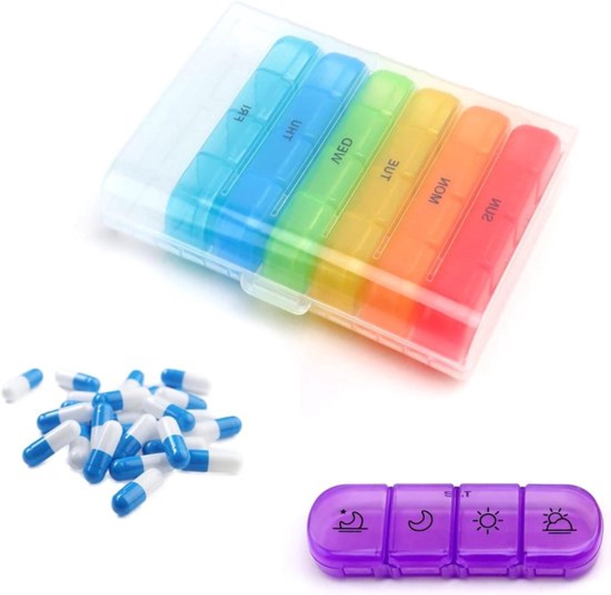 7 dagen medicijnbox met 4 vakken - Draagbare tablettenbox voor op reis - Kleurrijk en handig - Tablettendispenser voor medicijnen, visolie en vitaminen