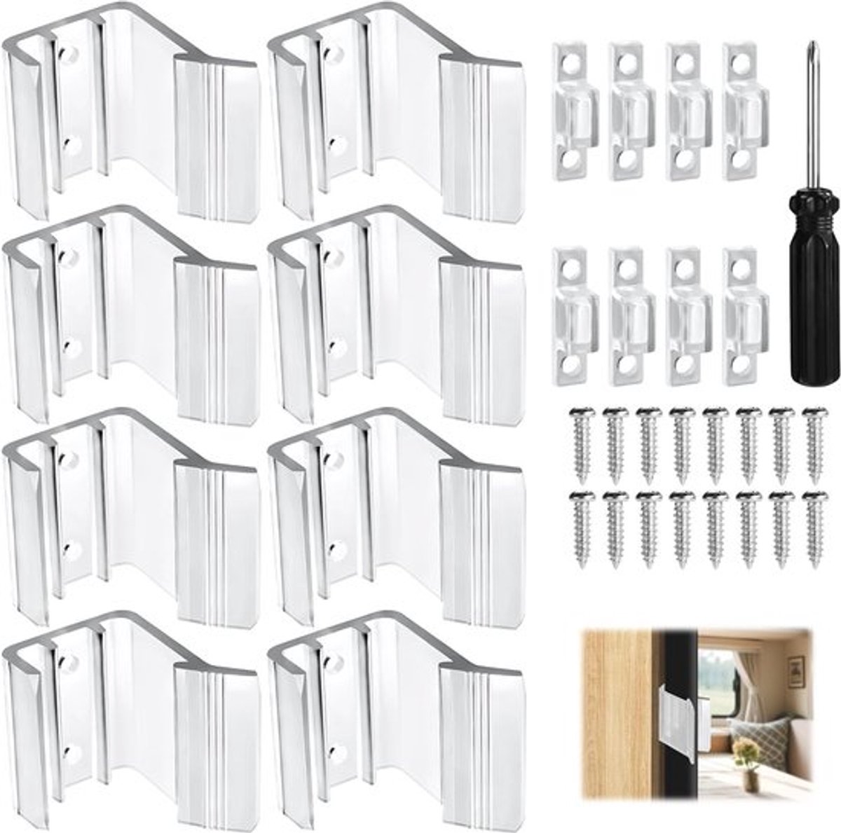 8-delige RV schuifdeurvergrendelingsset van PVC, universele vergrendeling voor schuifspiegels, praktisch accessoire voor reizen en kamperen, transparant en duurzaam