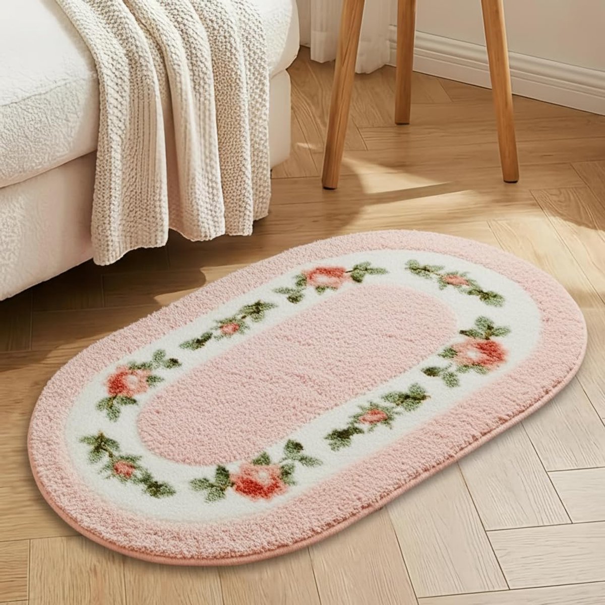 SnelShoppen - Badkamertapijt Badmat Antislip Shaggy Rozen Wasbaar Kleurrijk Douchemat 60x90cm voor Badkamer Keuken en Toilet