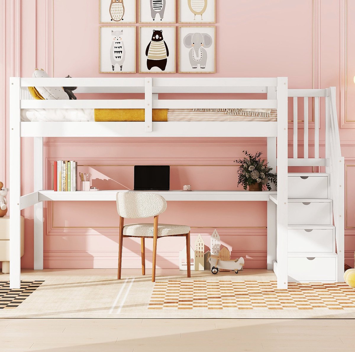 COVREO Bed 140x200 cm wit hoogslaper met bureau zonder matras White