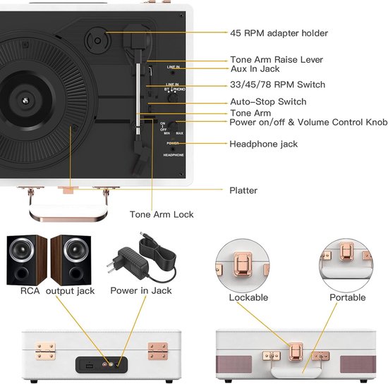 Platenspeler met Bluetooth – 3 Snelheden – Ingebouwde Speakers – Draagbare Koffer – Retro Wit — afbeelding 5
