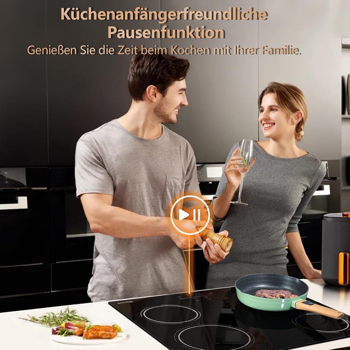 Keramische kookplaat - Elektrisch fornuis - Snel koken - 4 kookzones - 56 x 49 cm - Zwart