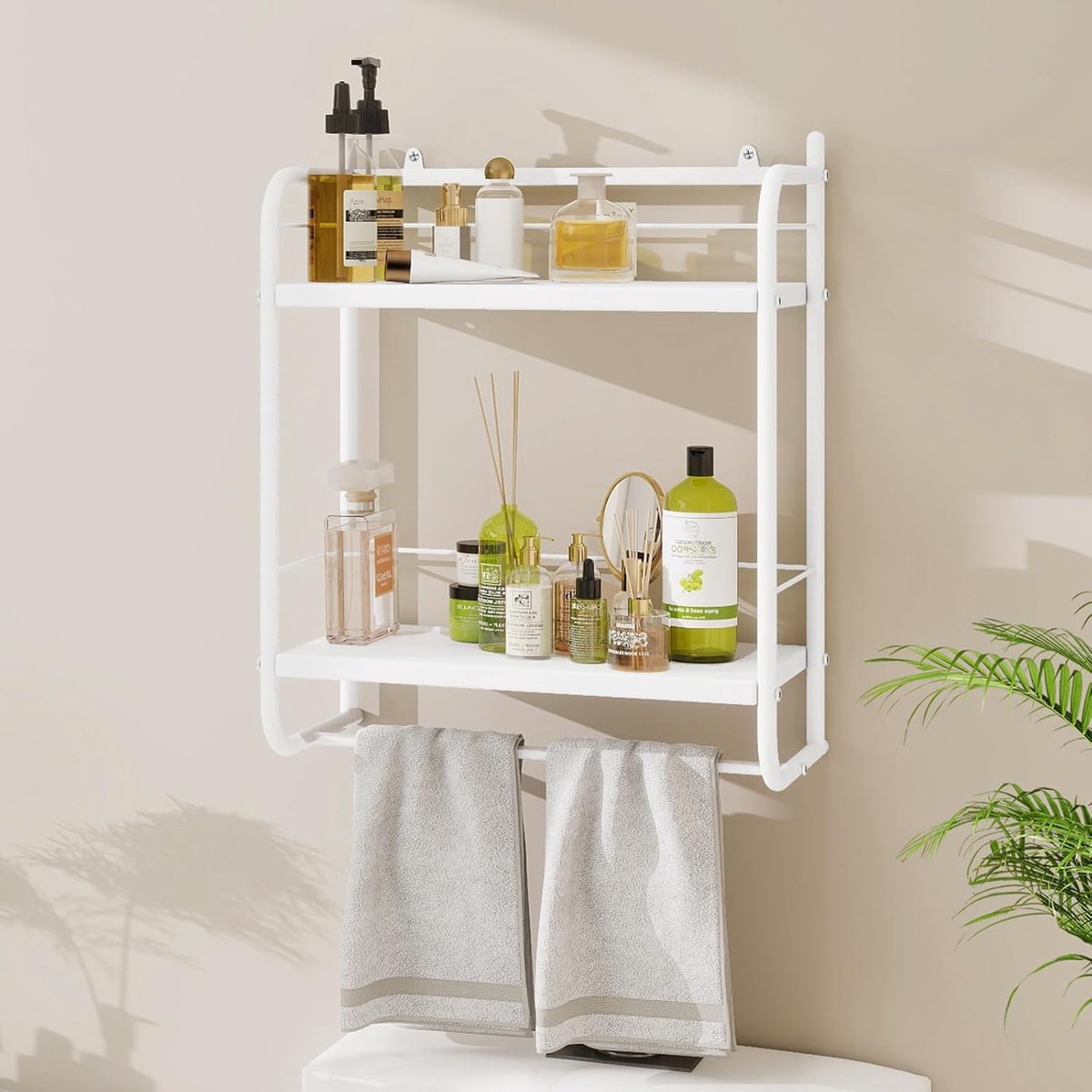 Wandrek met 2 niveaus, zwevend rek met 2 verstelbare planken, doucheplank voor badkamer, slaapkamer, woonkamer, keuken, thuiskantoor, bijkeuken, 41 x 21,5 x 49,5 cm, wit