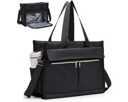 Lunchtas voor dames, 15,6 inch laptoptas, met geïsoleerd lunchvak, 2-in-1 zakelijke tas, met gekoeld vak, waterdichte werktas, geschikt voor op kantoor, op school en voor leraren. (Zwart)
