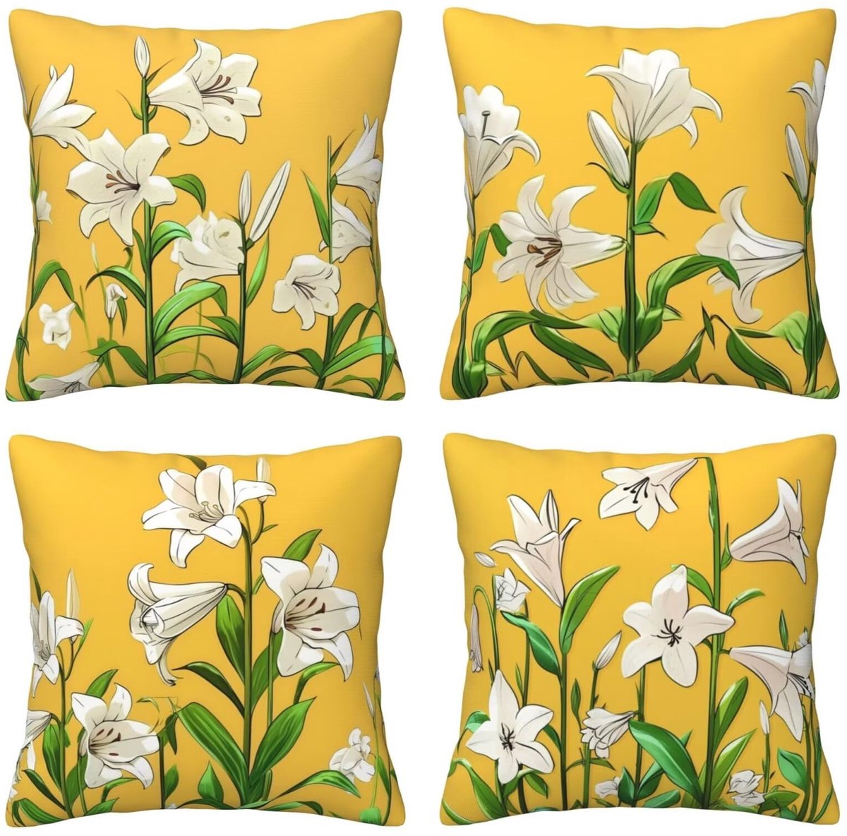 Kussenslopen van 65 x 65 cm, set van 4 kussenslopen, zachte kussenslopen met onzichtbare rits, voor decoratie op slaapbank, gele achtergrond met witte bloemen, set van 4 kussenslopen 26 x 26 inch