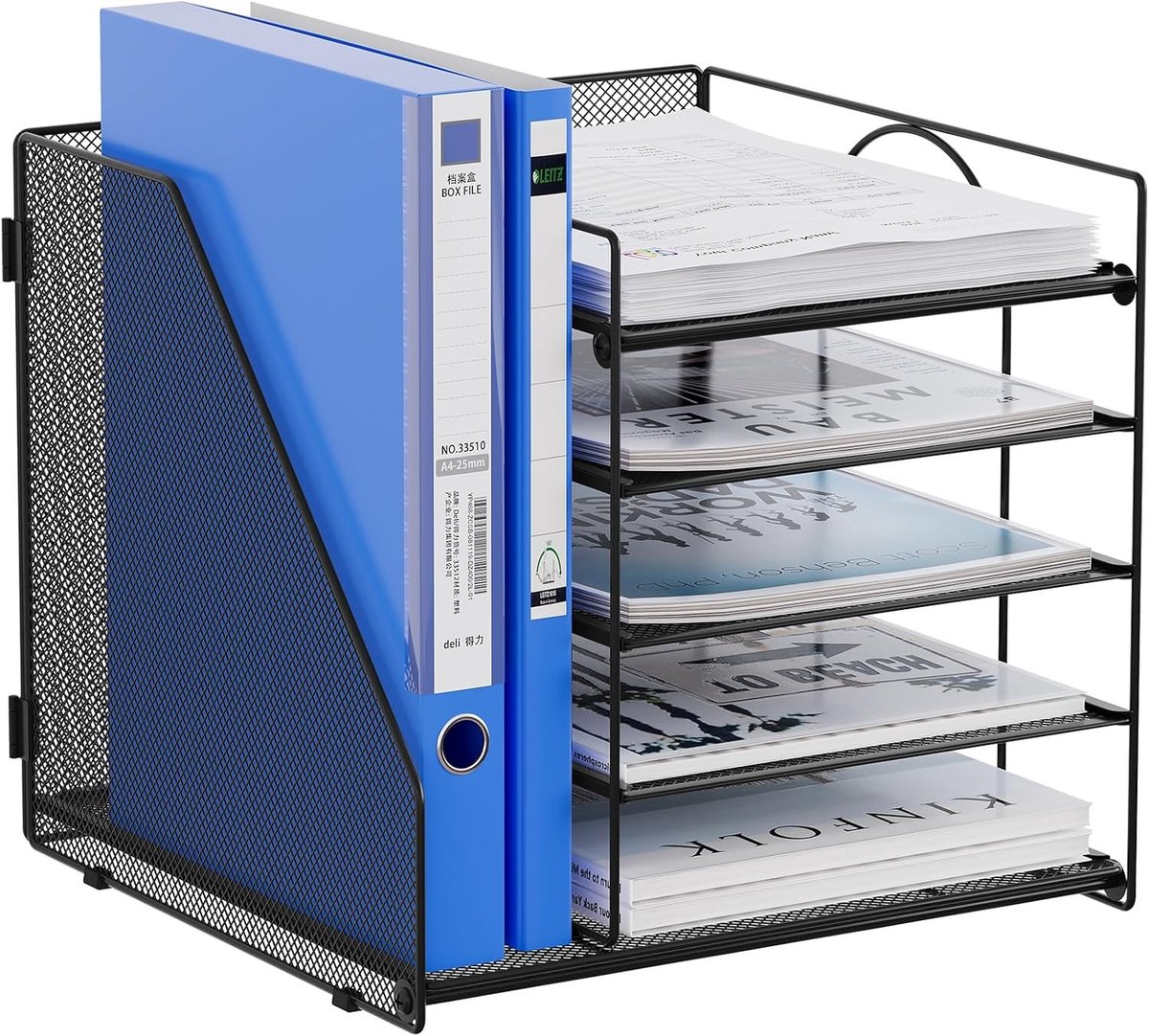 6 Compartimenten Metalen Mesh A4 Bureau Organizer met Laden, Documenthouder en Tijdschriftopslag voor een Opgeruimde Werkplek, Zwart