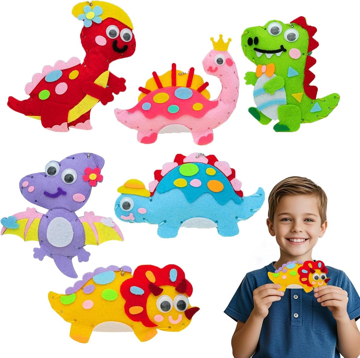 naaiset, 6 verpakkingen dinosaurusvilt, naaiset voor kinderen, grappige geschenken, om te naaien, educatief knutselen met naaigereedschap