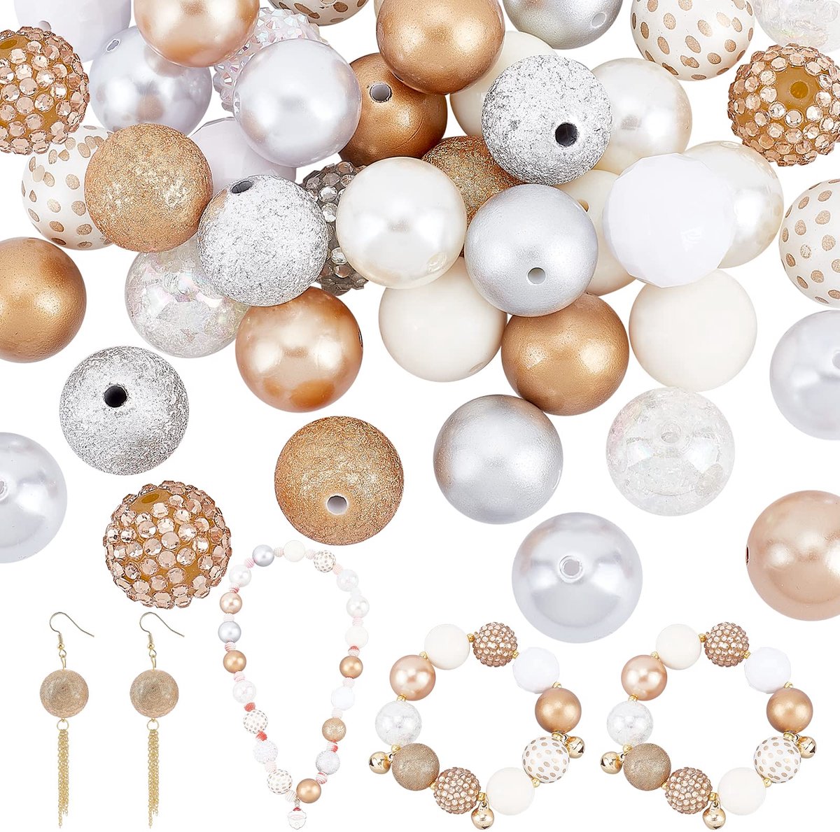 PandaHall 50 stuks gouden bubblegum kralen, 20 mm dikke kralen, zilveren acrylkralen, grote strass parelkralen, losse kralen voor bruiloft, Kerstmis, slinger, sieraden, armband, ketting, pennenzak,