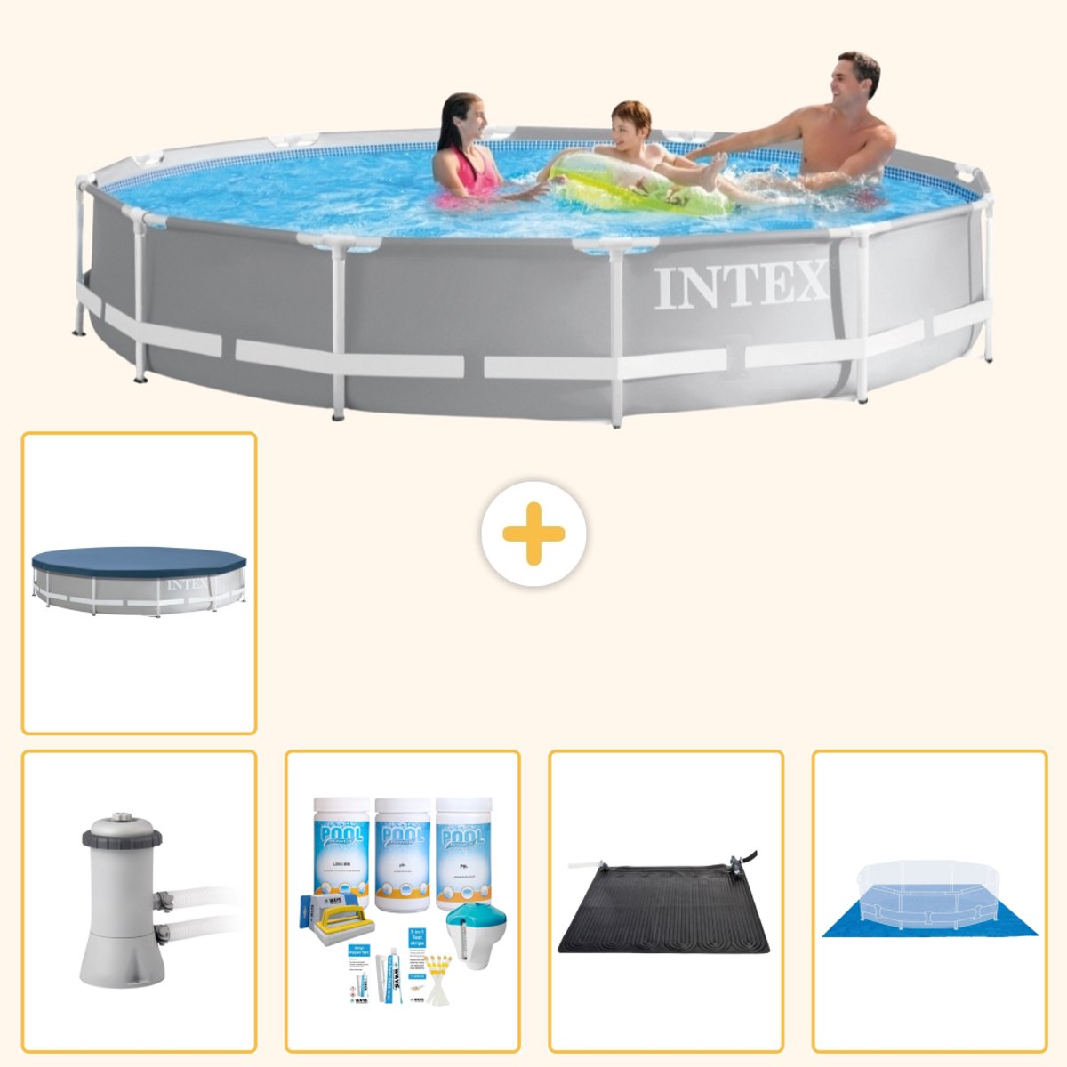 Intex Rond Prism Frame Zwembad - 366 x 76 cm - Grijs - Inclusief Pomp - Onderhoudspakket - Solar Mat - Grondzeil - Afdekzeil - 6-delig