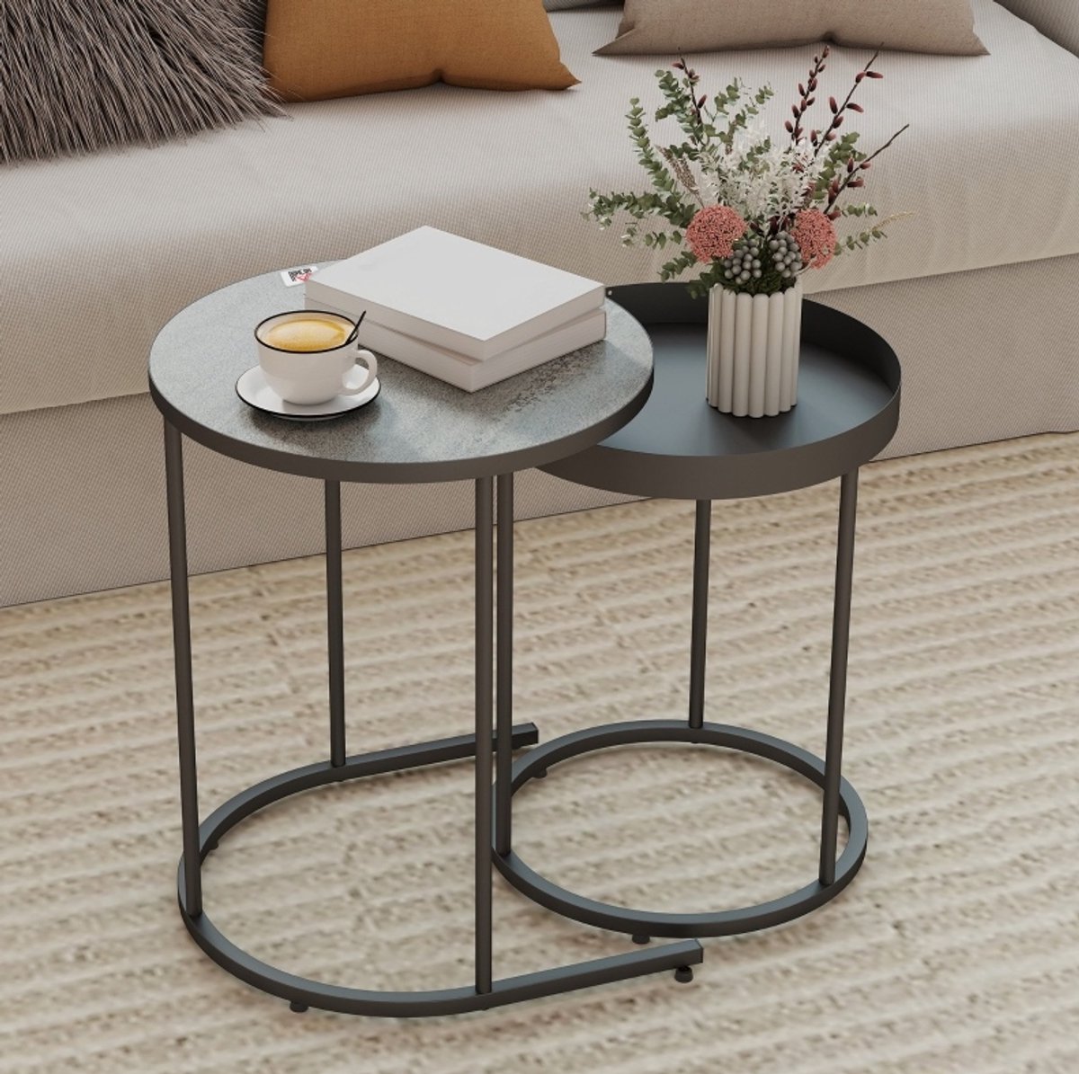 MEUNIQ 2-delige ronde salontafel set nestbaar met trayrand, grijze houtlook en zwart metalen frame, salontafels voor woonkamer in industriële stijl Grijs