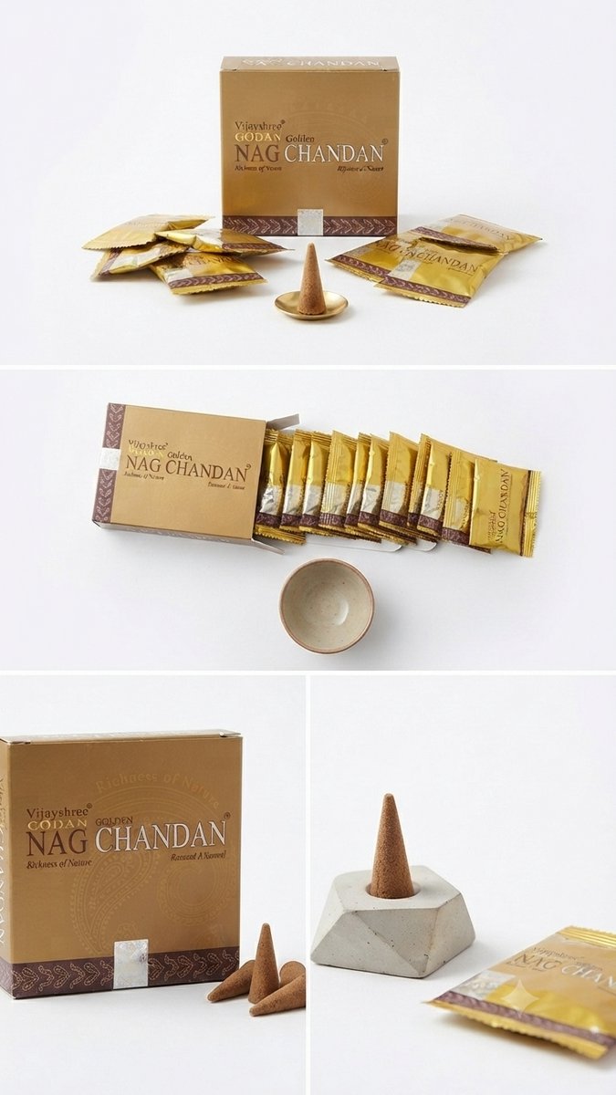 Vijayshree Golden Nag Chandan Wierook Kegels – 120 Stuks (12 Pakjes x 10 Kegels) – Luxe Masala Wierook – Natuurlijke Sandelhout Geur – Ideaal voor Ontspanning en Meditatie Met Kajal Sticker Bruin