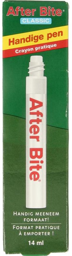 Doos en pen van After Bite Classic. Groene en rode doos met witte pen. Tekst op de doos: Handige pen, Crayons pratique, Handig meeneem formaat!
