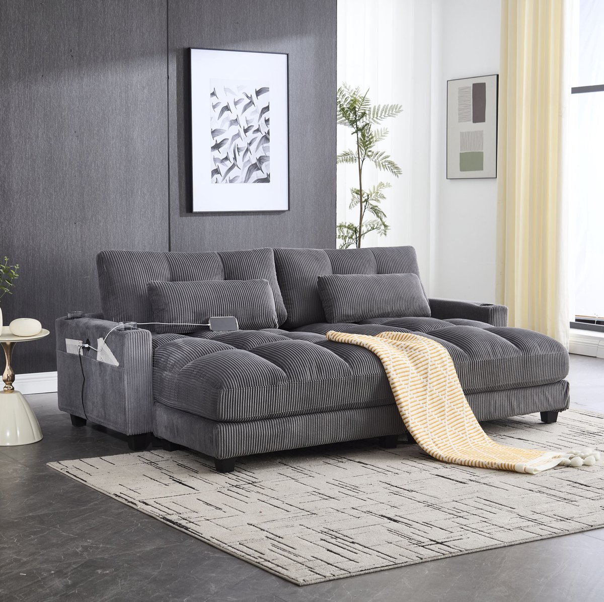 MIVRAY Bank 224 Cm - Modulaire 2-Zits Zitbank - Deelbaar In 2 Enkele Zits - Met 2 Kussens, 4 Bekerhouders, 4 Zijvakken En USB-Oplaadpoorten - Voor Woonkamer, Slaapkamer En Werkkamer - Corduroy Grijs