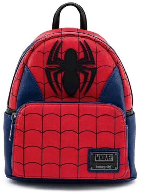 Rode en blauwe Spiderman cosplay mini rugzak met Spidey-logo en Marvel | Loungefly-embleem.