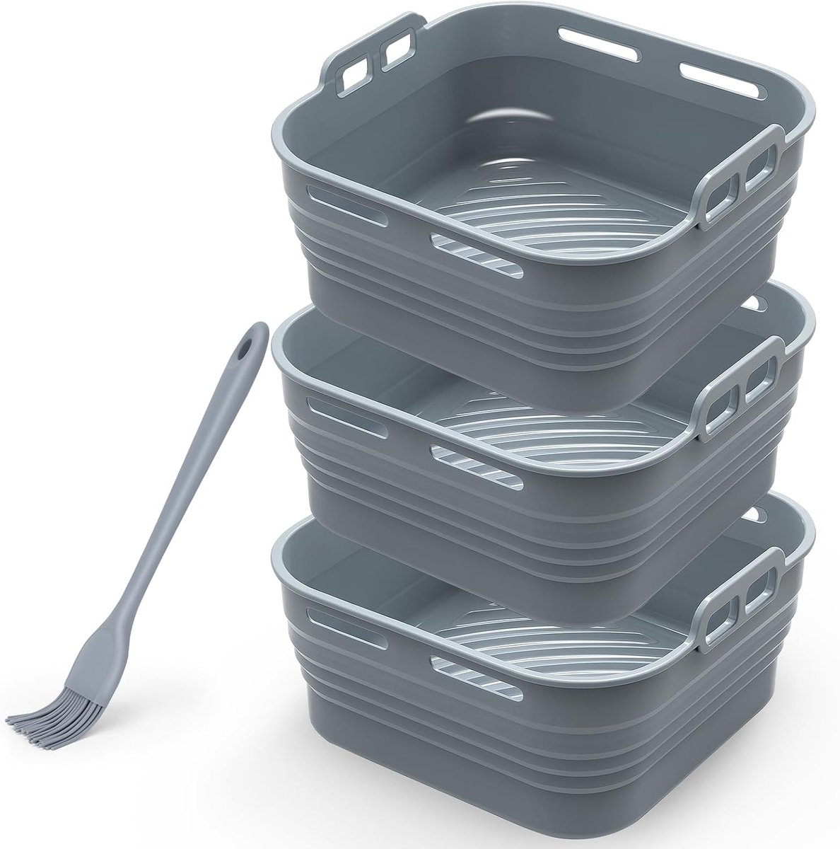 Air Fryer Silicone Pot met Olieborstel 3 Stuks Airfryer Pan Liners Herbruikbare Heteluchtfriteuse Mand Vierkante Tray Rack Accessoires Basket Liner voor Air Fryers Magnetron Oven (Grijs)