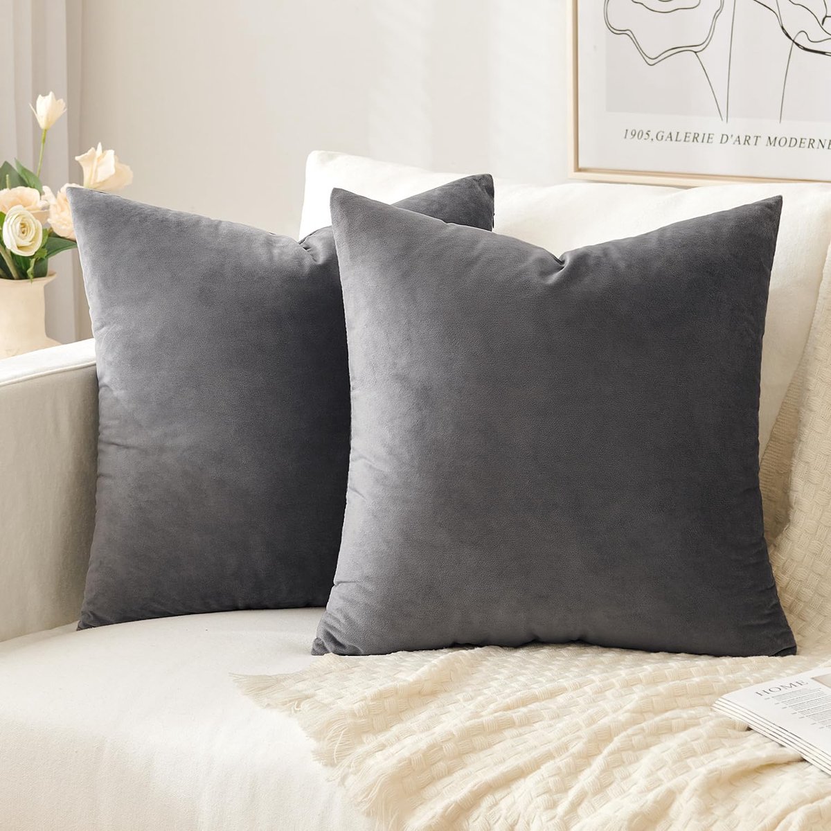 Set van 2 fluwelen kussenslopen voor thuis, effen, decoratieve sierkussenslopen, 18x18 inch 45 x 45 cm, zachte, vierkante kussenslopen voor bank, slaapkamer, donkergrijs