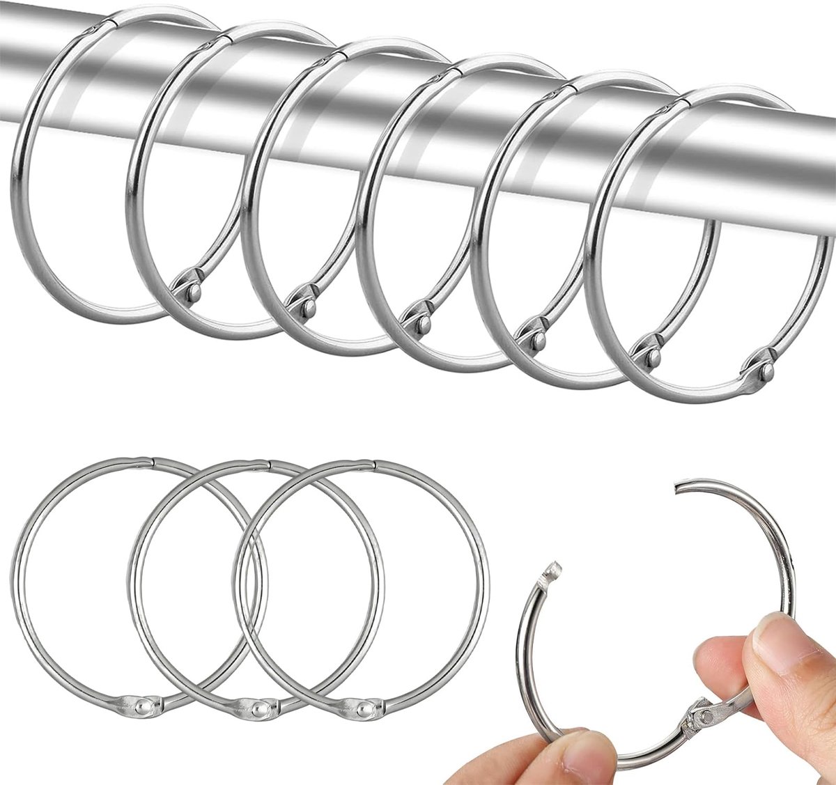 30 stuks metalen gordijnringen, 25 mm binnendiameter gordijnringen, ronde ringen, geruisloos douchegordijnringen voor de meeste stangen, ramen, deuren, douchegordijn, waslijn (zilver)