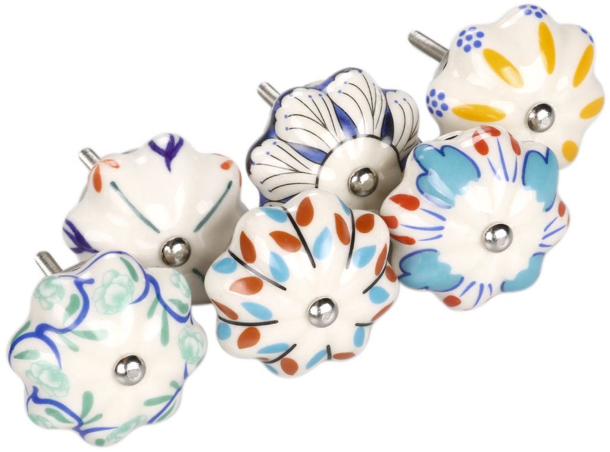 sourcingmap 6 Stuks Vintage Shabby Chic Knoppen Blauw en Wit Bloemen Hand Geschilderde Keramische Pompoen Kast Kast Lade Deur Handgrepen Trekken 6 Pack Mixed Color #1