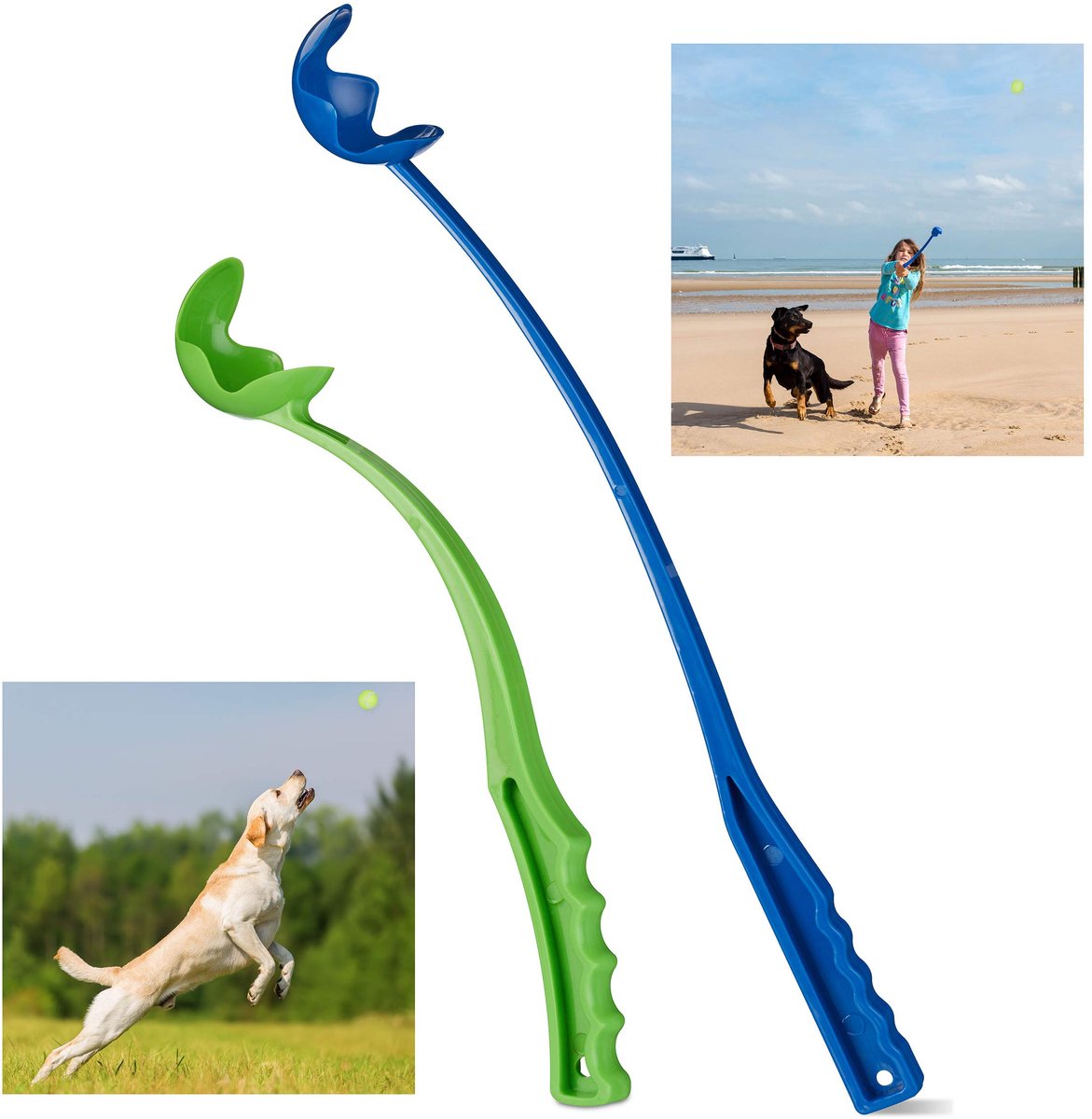 4x ballenwerper voor honden, set, tennisbalwerper, werpstok hond, balwerper, hondenspeelgoed, blauw/groen