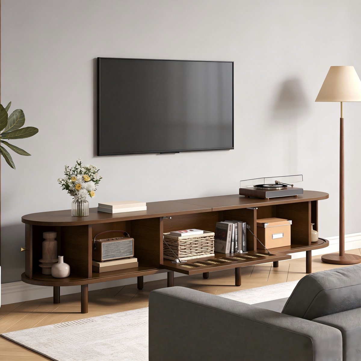 REDOM - TV-meubel - 5 gesloten opbergvakken - klepdeur en 2 roldeuren - retro stijl - woonkamer - MDF - Walnootkleur - 180 x 40 x 40 cm