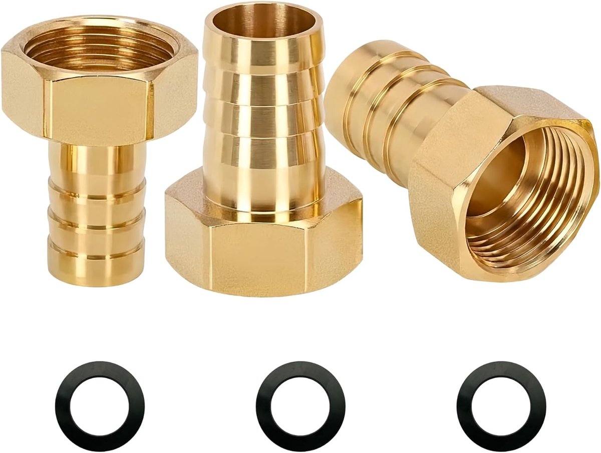 3 stuks messing slangtule G1/2 inch (Ø 19,5 mm) Ig x 14 mm tule, slangaansluiting 14 mm weerhaak G1/2 inch binnendraad met rubberen afdichting, slangnippel connector, schroefdraadfitting messing