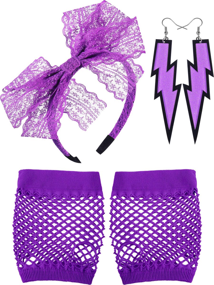 Jaren 80 kostuum accessoires voor vrouwen kant hoofdband neon oorbellen visnet handschoenen voor jaren 80 retro feest Halloween